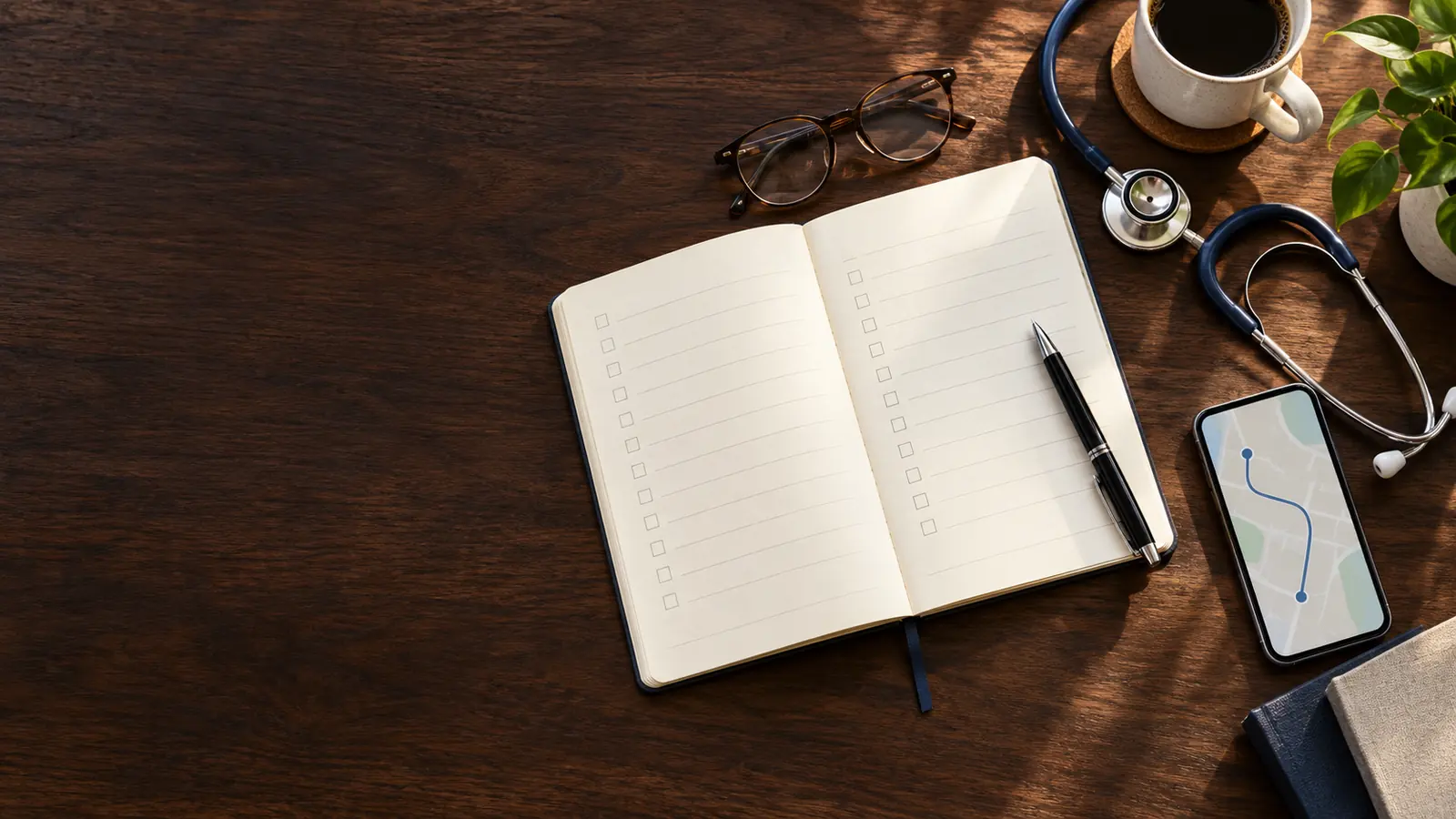 A notebook, stethoscope, and map arranged for planning a medical appointment
